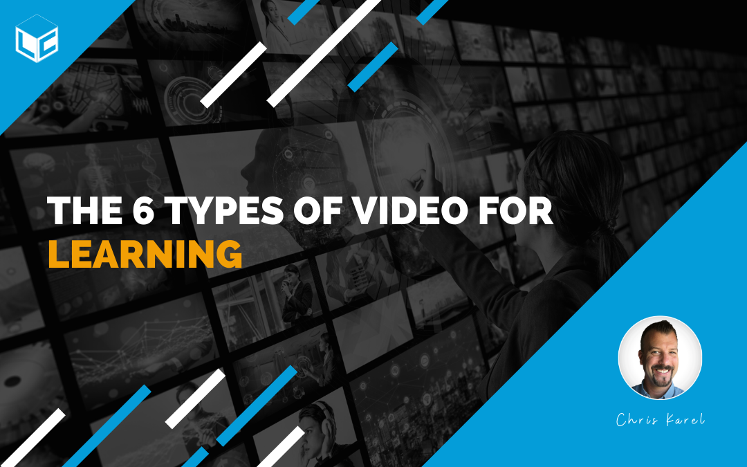 Title image: The 6 types of video for learning text on top of an image of a video wall